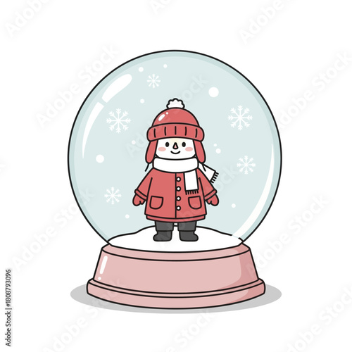 Whimsical winter character within a snow globe radiating childhood innocence and delightfulness