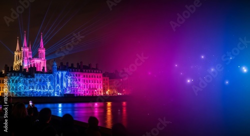 Fototapeta Naklejka Na Ścianę i Meble -  Fête des Lumières, a banner with vibrant gradient from deep blue to magenta, illuminated city buildings and light installations on the left