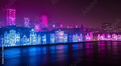 Fototapeta Naklejka Na Ścianę i Meble -  Fête des Lumières, a banner with vibrant gradient from deep blue to magenta, illuminated city buildings and light installations on the left