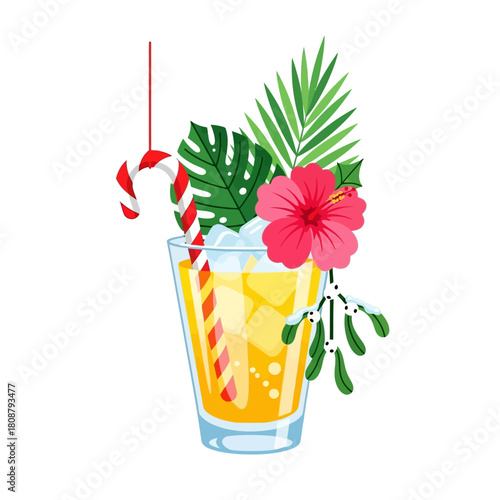 Festive tropical beverage illustration with vibrant floral and candy cane garnish
