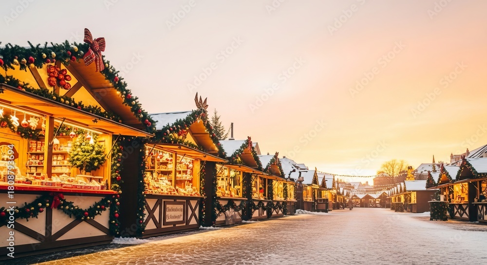 Obraz premium Christkindelsmärik, gradient from cream to warm orange, wooden chalets decorated with Christmas garlands on the left