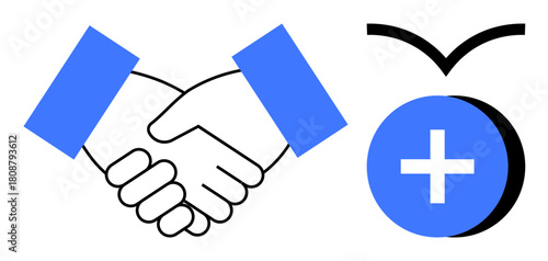 Partnership concept. Partnership by a handshake and connection to healthcare through a blue medical cross icon. Partnership fostering trust and healthcare collaboration. For business, medical
