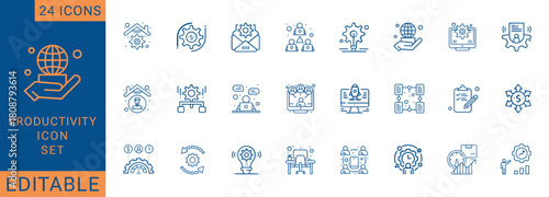 Productivity line icon set featuring 24 clean and modern business, workflow, and teamwork icons. Includes planning, strategy, communication, time tracking, and office essentials. Fully editable vector