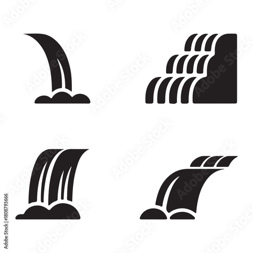 Wild waterfall rocky cliff nature flowing river silhouette vector design