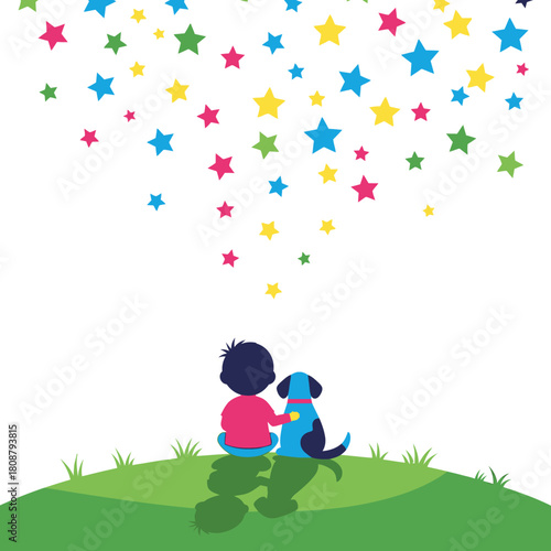 A child and dog gazing at a shower of colorful stars creating a sense of wonder and companionship