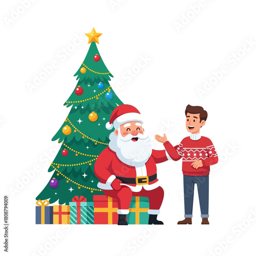 Festive Christmas Encounter: Santa Claus and a young man by a brightly decorated tree