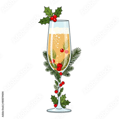 Festive Holiday Celebration: Champagne glass adorned with evergreens and holly accents enhances