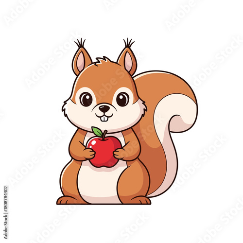 Whimsical squirrel illustration holding a vibrant red apple with a cheerful disposition