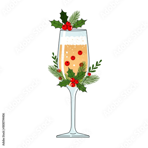 Festive champagne flute illustration adorned with winter foliage and holiday berries celebration
