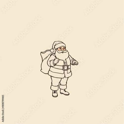 Jolly Santa Claus character with bag on light background