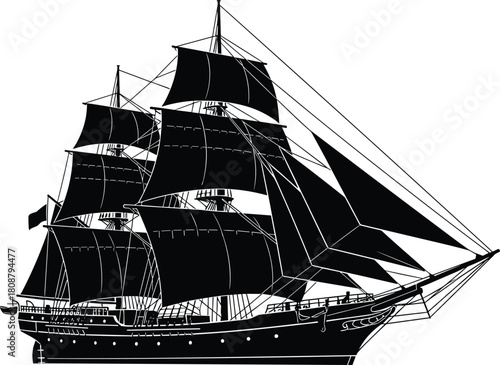 Vintage sailing ship silhouette, antique pirate vessel with sails, old nautical boat vector illustration, classic frigate on white background.