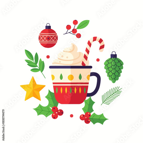 Festive Christmas Holiday Cocoa Delight, Adorned with Ornaments and Holiday Cheer, Whimsical
