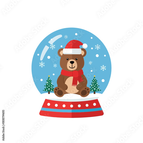 Festive Winter Scene: Adorable Bear in a Cheerful Christmas Snow Globe Illustration