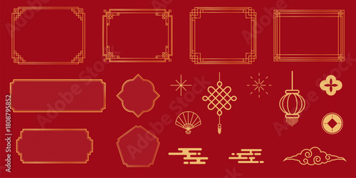 Asian golden element set decorative frames, corners, borders, flowers , clouds, hanging lantern and knotting in Chinese style.
