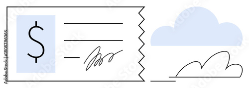 Cheque with dollar sign, signature, and perforated edge beside a cloud graphic. Ideal for finance, banking, online transactions, savings, cloud storage fintech digital solutions. Simple flat