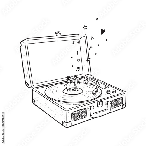 Hand drawn sketch of a vintage suitcase record player with a miniature couple dancing on the spinning vinyl. Romantic musical concept illustration with love hearts and notes.
