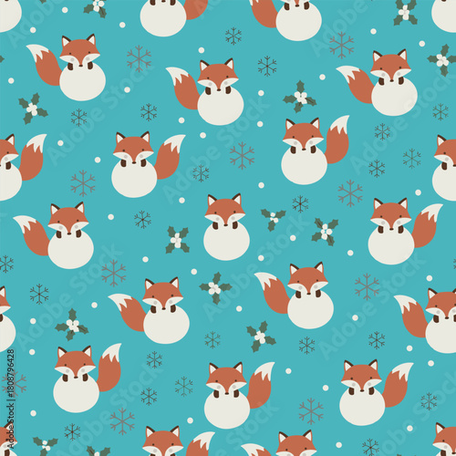 Christmas Fox Vector. Seamless Curious Fox Pattern with Snowflakes and Mistletoe. Winter seamless pattern Background.
