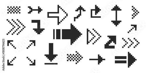 Pixel arrow set. Pixel art different directions 8 bit gaming console style sign. Interface icon. Collection
