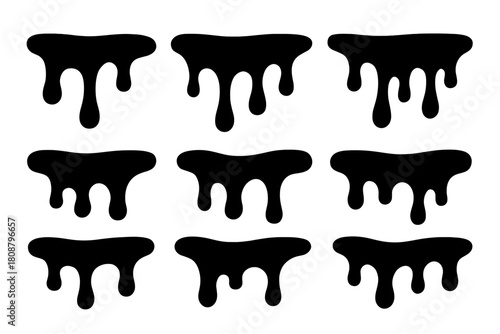 Seamless dripping paint pattern with nine black drip designs on white background