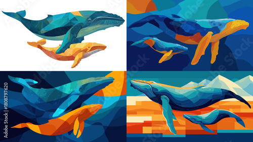 A vibrant geometric illustration of whales swimming together in bold blue and orange shapes. Modern abstract marine artwork perfect for ocean themes, creative designs, and wildlife concepts.