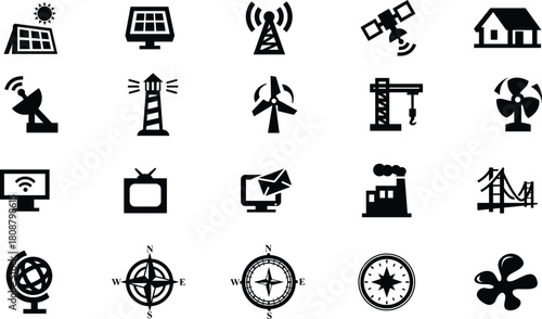 Collection of black and white energy and technology icons