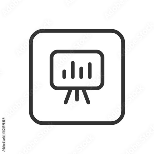 Office, Work Presentation Board Text Chart Graph line icon – presentation board with text, bar chart and line graph outline vector for data-driven meetings, business reporting, analytics briefing UI