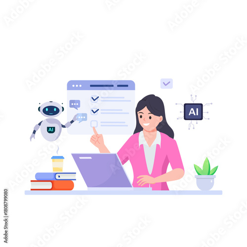 Woman using a laptop computer chatting with an artificial intelligence asks for the answers. Chat Bot, AI technology concept illustration