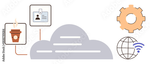 Cloud serves as a hub connecting ID badge, coffee cup, gear, and globe with wireless symbol. Ideal for technology, productivity, workflow, efficiency, collaboration global connectivity simple flat