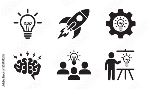 Innovation, startup, idea generation vector icons