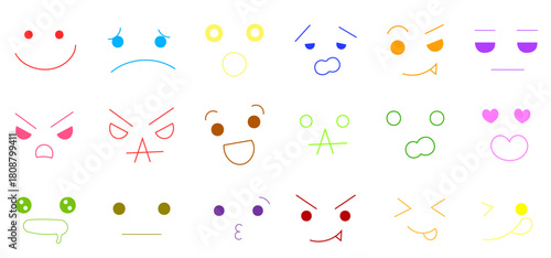 Colorful hand-drawn illustrations of various facial expressions and emotions: smiling, troubled, angry, serious, surprised, amazed, heart, etc.