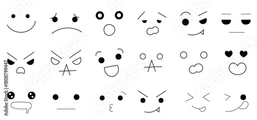 Hand-drawn illustrations of various facial expressions and emotions: smiling, troubled, angry, serious, surprised, amazed, heart, etc.