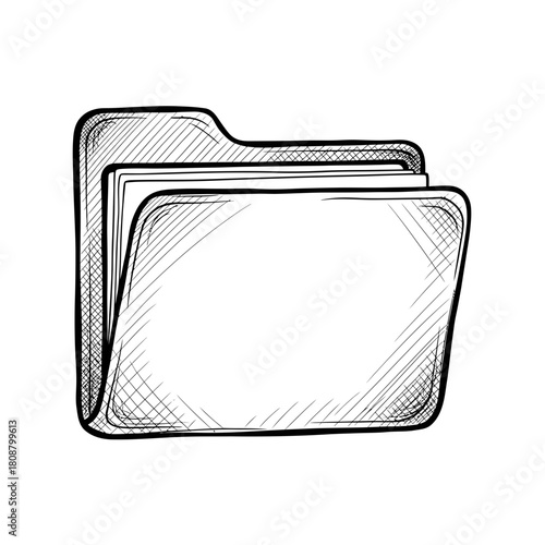 A hand-drawn sketch of an open file folder, representing organization, documents, and data management