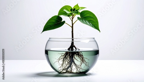 Green Plant Growing in a Glass Bowl A Minimalist Approach to Hydroponics and Nature