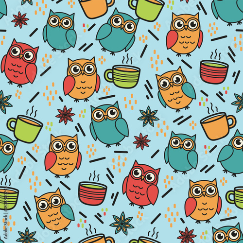 Christmas Owl Pattern Vector. Seamless Animal Pattern Background with Owl, Hot Chocolate Mug and Star Anise. for packaging, print paper, and fabric
