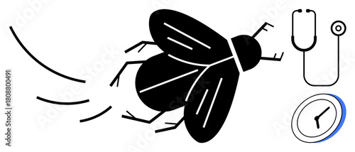 A flying insect paired with a stethoscope and clock. Ideal for time management, health monitoring, awareness, speed, urgency, scientific research, and quick action. A simple flat metaphor