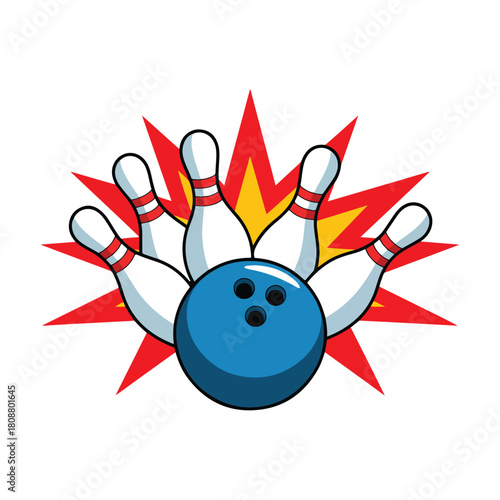 Bowling ball strikes pins with dynamic starburst burst