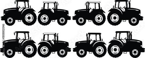 Collection of agricultural farm tractor silhouettes, heavy machinery vehicle icons in side view, black vector illustration set isolated on white background