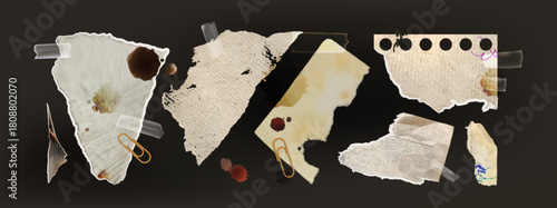 Dirty torn paper pieces set on black background. Vector realistic illustration of old ripped notebook pages with uneven edges and coffee stains, grungy collage with retro memory notes, evidence board
