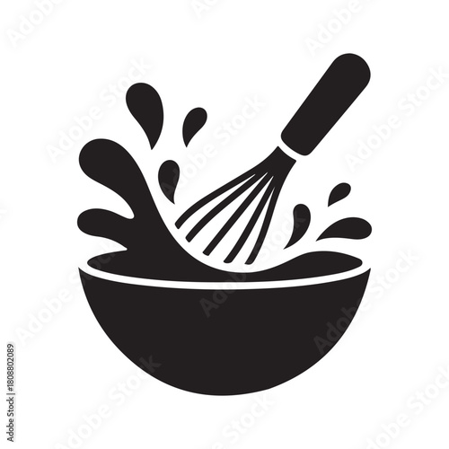 Whisk mixing liquid in bowl, splash icon design