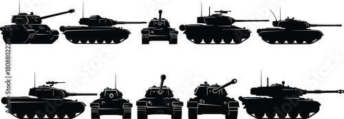 Collection of black military tank silhouettes, heavy armored combat vehicles, army war machine vector set, isolated on white background, side and front vi