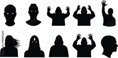 Collection of black anonymous people silhouettes, criminals in hoodies with hands raised, and generic user profile avatars isolated on white background