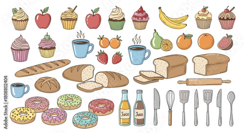 Delicious watercolor dessert icons including cupcakes, doughnuts, pastries, and sweet treats for food-themed projects.