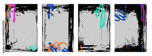 Urban style graffiti paint frame isolated on transparent background. Vector realistic illustration of street art poster design, abstract color spray pattern with black scratches, punk banner pattern