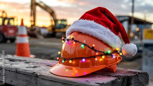 Orange hard hat adorned with a santa hat and colorful christmas lights sits on a wooden beam at a construction site