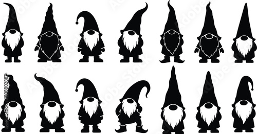 Collection of cute garden gnome silhouettes, funny dwarfs with tall hats and white beards, black vector illustration set isolated on white background