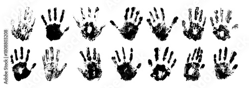 Black ink palm handprint collection with textured grunge effect and different patterns. Monochrome human hand stamps isolated on white background for creative design or artistic applications.