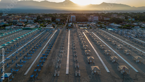 Italian beach on the Tyrrhenian Sea, Viareggio, Italy. Aerial landscape.