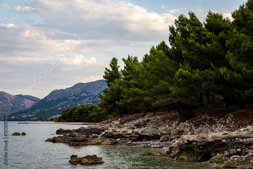 Fototapeta Naklejka Na Ścianę i Meble -  Coastline with rocky beach. Croatia, Makarska. Drone view, aerial photo.