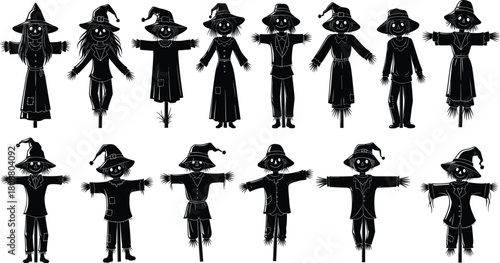 Collection of spooky scarecrow silhouettes, Halloween farm characters with straw hats and ragged clothes, black vector illustration set isolated on white background