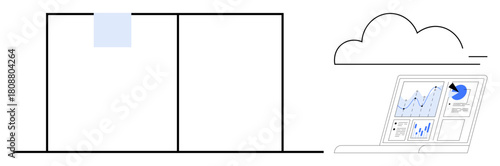 Laptop displaying data graphs under cloud with abstract lines and blocks. Ideal for analytics, technology, digital tools, remote work, cloud services, minimalism, simple flat metaphor